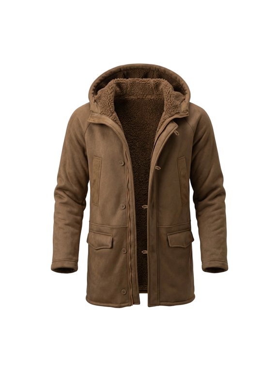 Winter Zipper Jackets Outwear for Men Fleece Sherpa Lined Jacket Mens Toggle Trench Coat Heavyweight Warm Hooded Casual Suede Leather Jacket with Multi Pockets