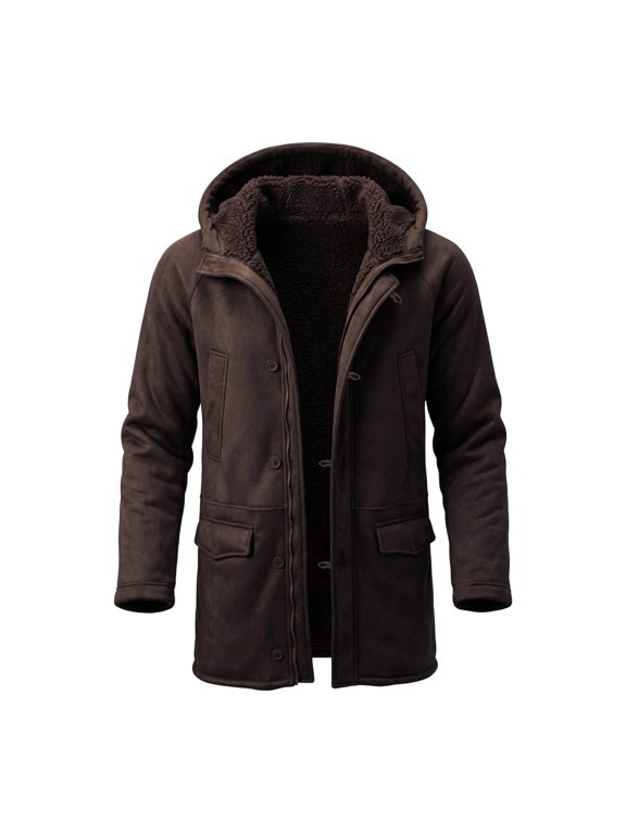 Winter Zipper Jackets Outwear for Men Fleece Sherpa Lined Jacket Mens Toggle Trench Coat Heavyweight Warm Hooded Casual Suede Leather Jacket with Multi Pockets