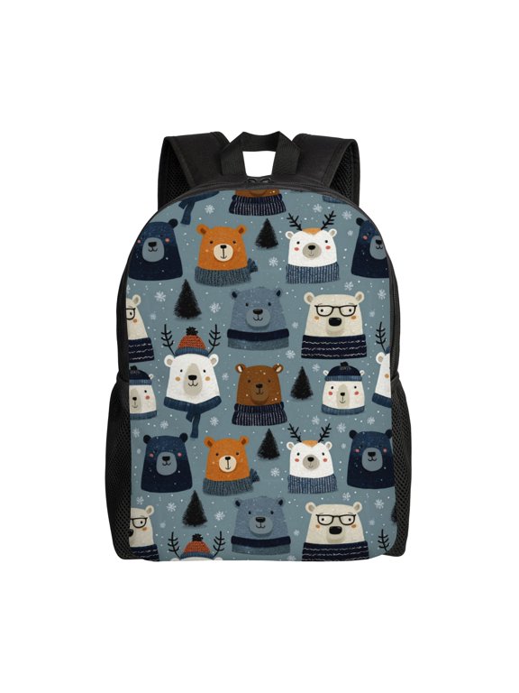 Winter bear pattern Backpack with 15 Inch Laptop Compartment,Water-Resistant Daypack, Large Capacity Backpack with Adjustable Breathable Shoulder Straps for Daily Use Travel Gym