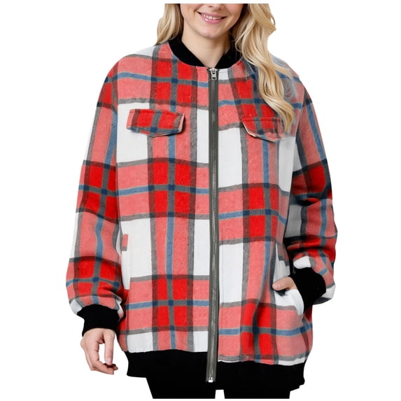 Winter clothing for women Plus Size Plaid And Striped Mid Length Long Sleeve Pocket Zip Coat For Comfortable Everyday Wear