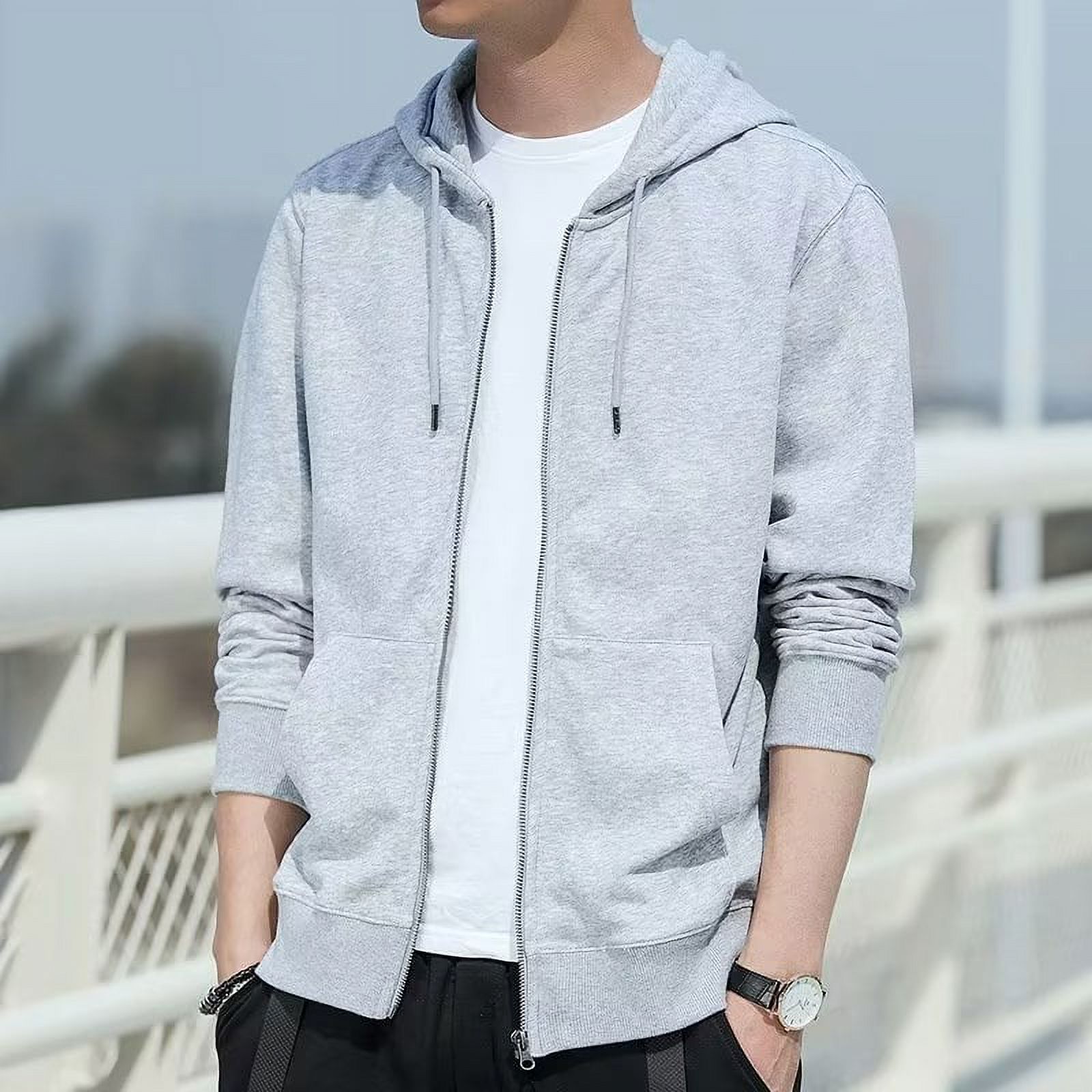 Winter fleecelined thick hooded cardigan solid color sweater men‘s