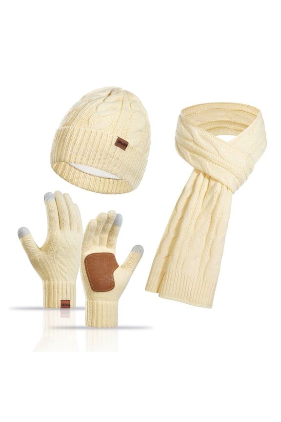 Winter Beanie Hat Gloves Set, Knit Warm Long Neck Scarves Cap Gloves 3 in 1 Set for Woman, Apricot