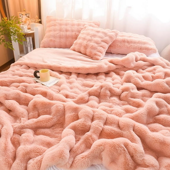 Winter light luxury rabbit velvet blanket thickened double-sided velvet bedroom blanket advanced rabbit plush bedding nap blanket - Pink - 150*200cm