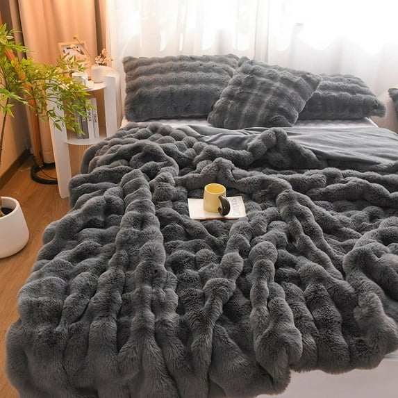 Winter light luxury rabbit velvet blanket thickened double-sided velvet bedroom blanket advanced rabbit plush bedding nap blanket - dark grey - 100*150cm