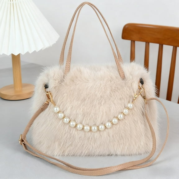 Winter simple plush handbag, fashionable pearl women's crossbody bag