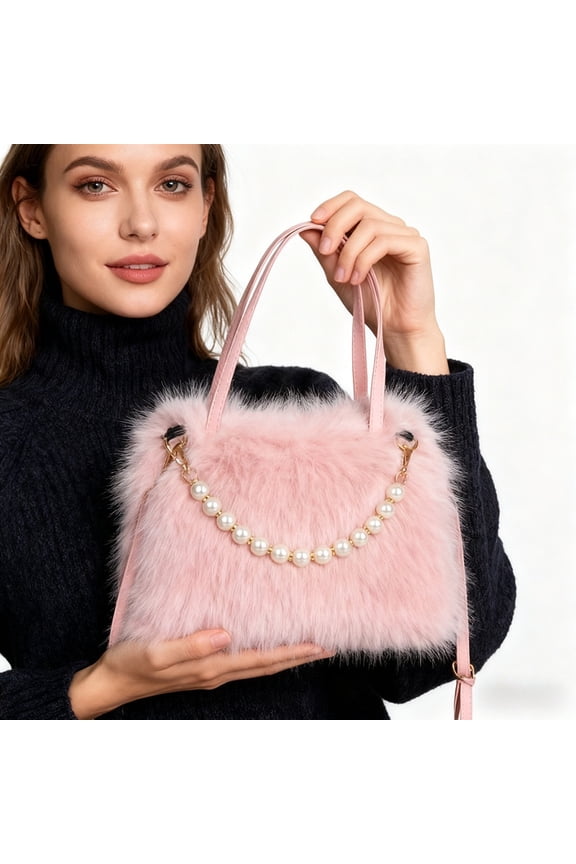 Winter simple plush handbag, fashionable pearl women's crossbody bag
