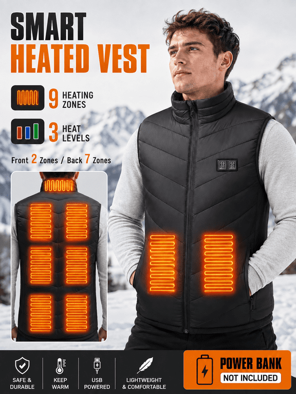9-Zone Heating, Adjustable Temperature, USB Electric Heating Outerwear Vest, Unisex