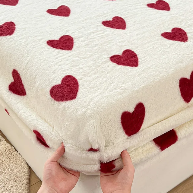 Winter thermal plush fitted sheet elastic mattress cover red heart
