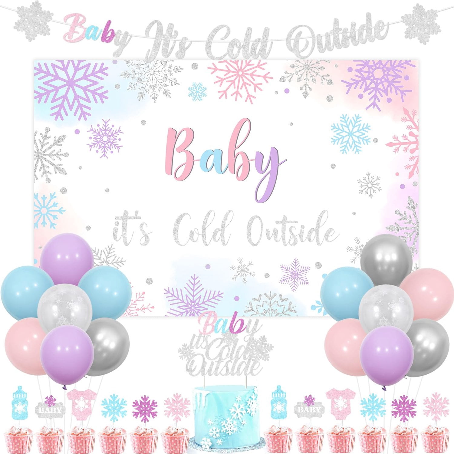 WinterNest Winter Snowflake Baby Shower Decorations Set, Pink Purple ...