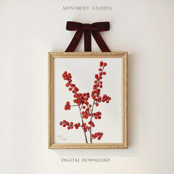 Winterberry Art , Vintage Winterberry Holly, Winter Botanical Print Poster, Minimalist Red Berries Art, W Warm Present Vintage UNFRAMED Poster Size 8x12