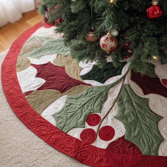 Winterberry Delight Christmas Quilted Tree Skirt, 47.2 Inch Christmas Tree Skirt, Tree Stand Cover