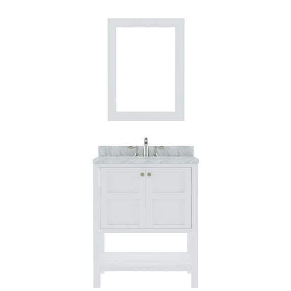 Winterfell 30" Single Bath Vanity in White with White Marble Top and Round Sink with Matching Mirror