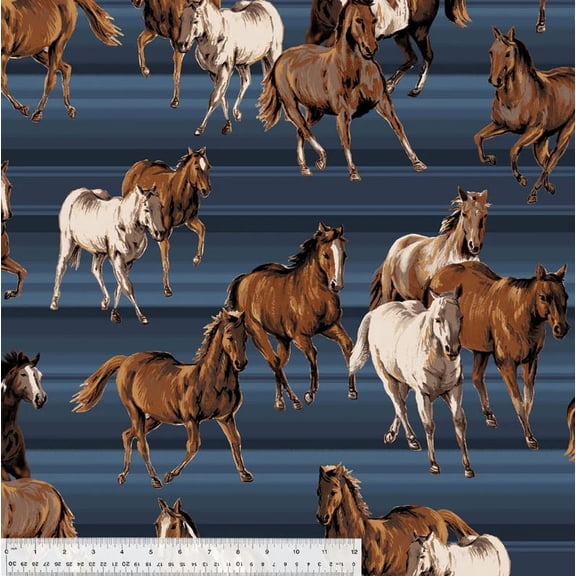 Winterfleece Prints Stallions by Windham Horses Equestrian Blue Fleece Fabric Print by the Yard (53681-1) A231.08