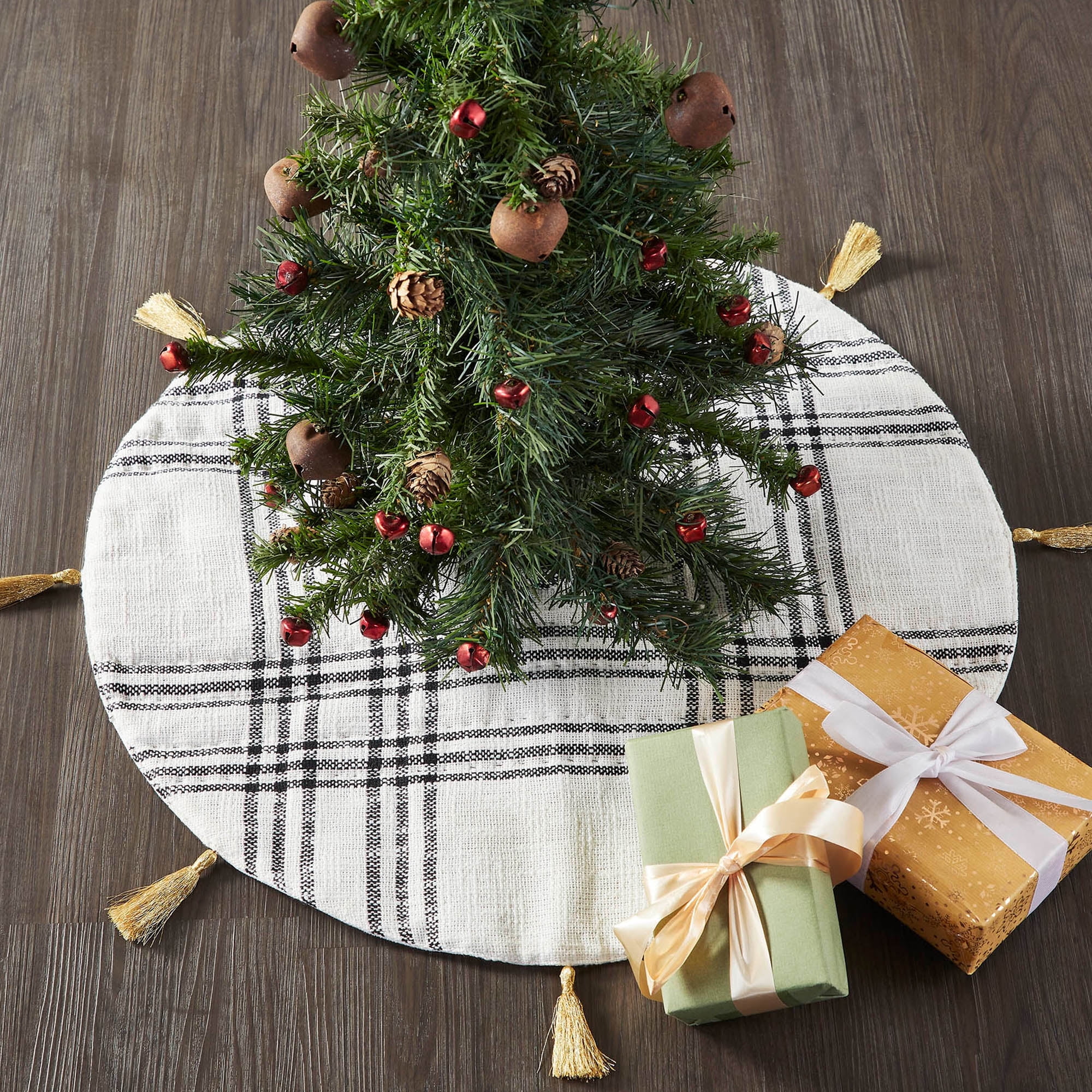 Wintergleam 24" Black and White Plaid Tree Skirt with Gold Tassels