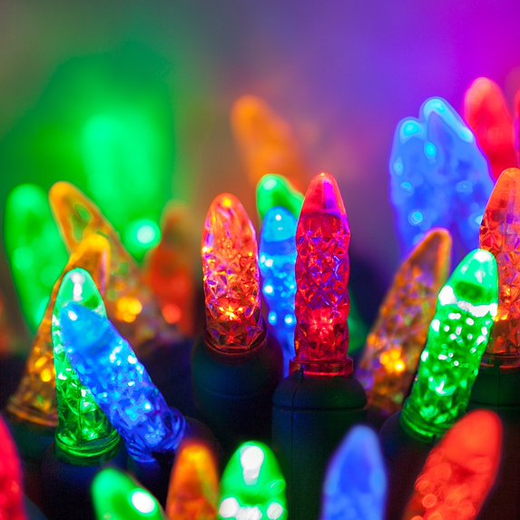 Wintergreen Lighting 70 Multicolor LED Christmas Tree Lights, 4" Spacing, 24', Faceted String Lights for Holiday Party Decoration