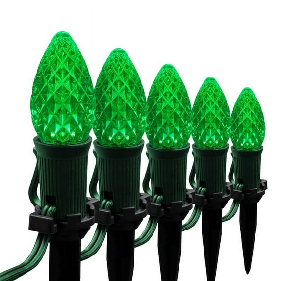 Wintergreen Lighting C7 Green OptiCore Faceted LED Pathway Light Kit, 50 Lights, 12" Spacing, Green Wire, 50 ft