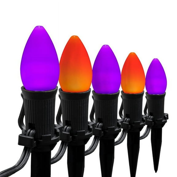 Wintergreen Lighting C7 Purple & Orange OptiCore Smooth LED Halloween Pathway Light Kit, 50 Lights, 12" Spacing, Black Wire, 50 ft