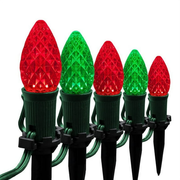 Wintergreen Lighting C7 Red & Green OptiCore Faceted LED Pathway Light Kit, 100 Lights, 12" Spacing, Green Wire, 100 ft