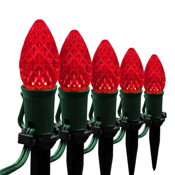 Wintergreen Lighting C7 Red OptiCore Faceted LED Pathway Light Kit, 25 Lights, 12" Spacing, Green Wire, 25 ft