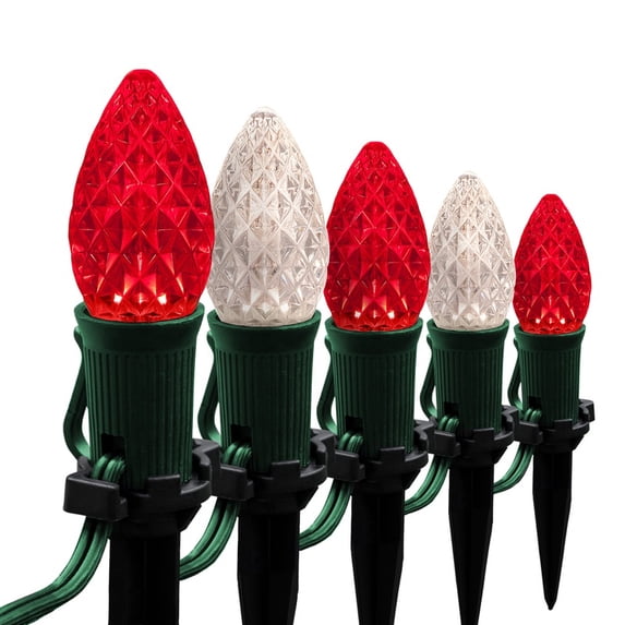 Wintergreen Lighting C7 Red & Warm White OptiCore Faceted LED Pathway Light Kit, 50 Lights, 12" Spacing, Green Wire, 50 ft