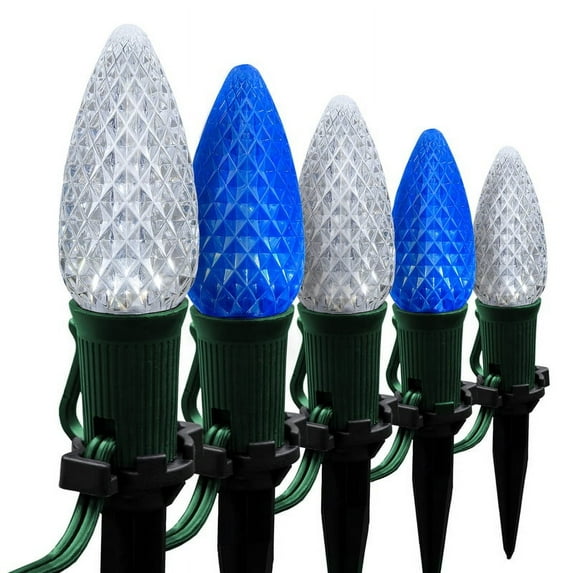 Wintergreen Lighting C9 Blue & Cool White OptiCore Faceted LED Christmas Pathway Light Kit, 50 Lights, 12" Spacing, Green Wire, 50 ft