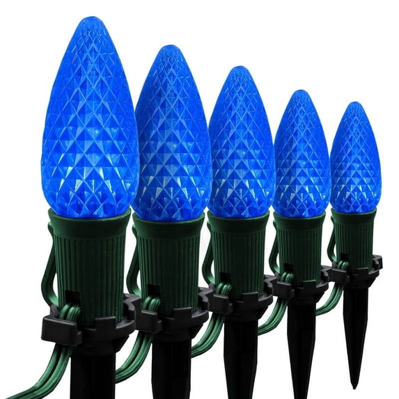 Wintergreen Lighting C9 Blue OptiCore Faceted LED Christmas Pathway Light Kit, 100 Lights, 12" Spacing, Green Wire, 100 ft