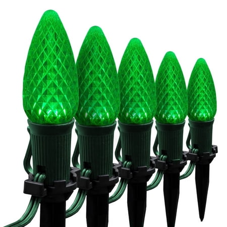 Wintergreen Lighting C9 Green OptiCore Faceted LED Christmas Pathway Light Kit, 100 Lights, 12" Spacing, Green Wire, 100 ft