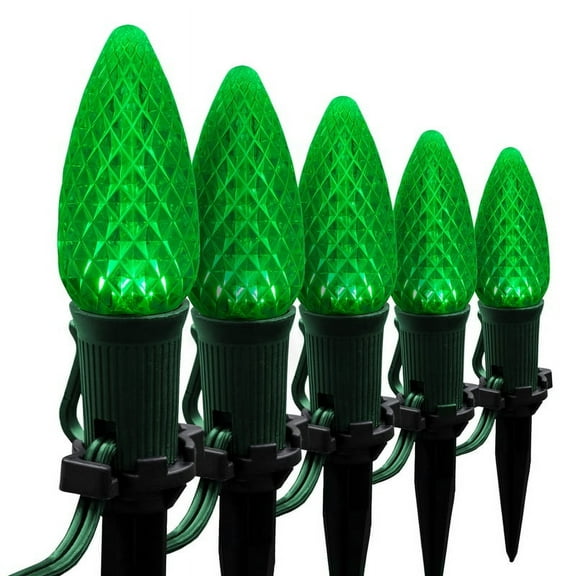 Wintergreen Lighting C9 Green OptiCore Faceted LED Christmas Pathway Light Kit, 50 Lights, 12" Spacing, Green Wire, 50 ft