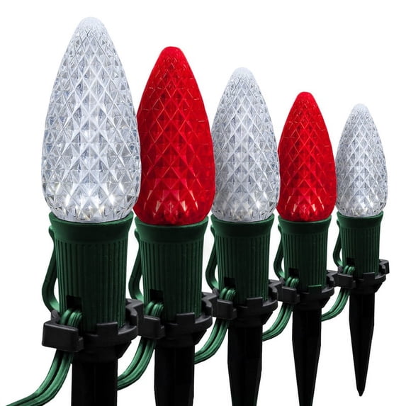 Wintergreen Lighting C9 Red & Cool White OptiCore Faceted LED Christmas Pathway Light Kit, 100 Lights, 12" Spacing, Green Wire, 100 ft