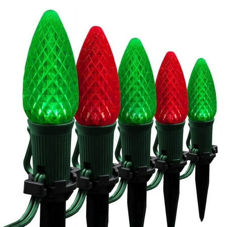 Wintergreen Lighting C9 Red & Green OptiCore Faceted LED Christmas Pathway Light Kit, 50 Lights, 12" Spacing, Green Wire, 50 ft