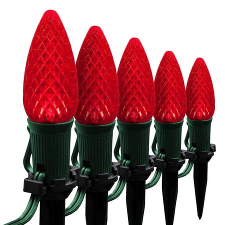Wintergreen Lighting C9 Red OptiCore Faceted LED Christmas Pathway Light Kit, 25 Lights, 12" Spacing, Green Wire, 25 ft