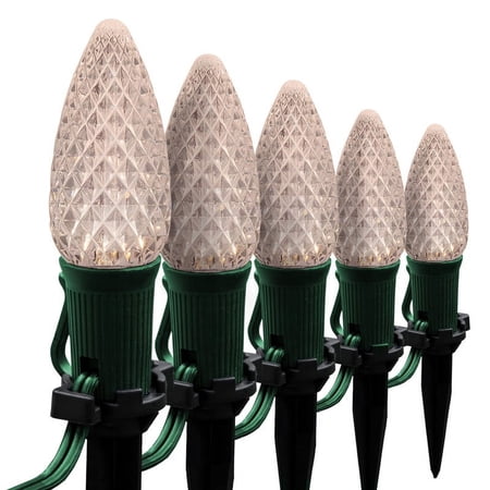 Wintergreen Lighting C9 Warm White OptiCore Faceted LED Christmas Pathway Light Kit, 25 Lights, 12" Spacing, Green Wire, 25 ft