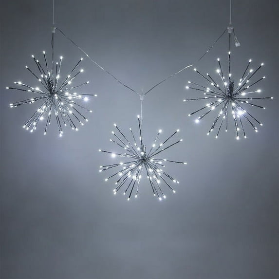 Wintergreen Lighting LED Starburst 5mm Fairy Light Balls, Lighted Branches, Party Decorations, 15in Silver Branches/Cool White Twinkle Lights, Set of 3