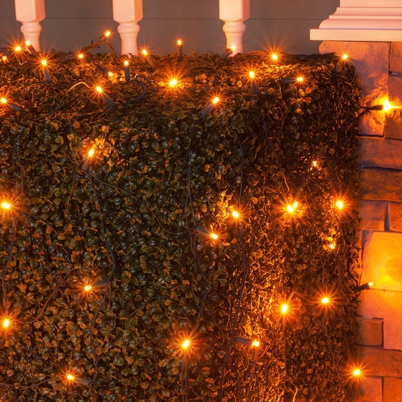 Wintergreen Lighting Orange Net Lights LED Mesh Lights Christmas String Lights, 4' x 6', 100 Lights - Green Wire