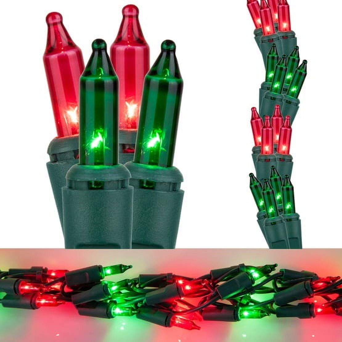 Wintergreen Lighting Red/Green Cluster String Lights Garland, 9ft, 300 Lights, Green Wire Christmas Patio Porch Railing Banister Lights