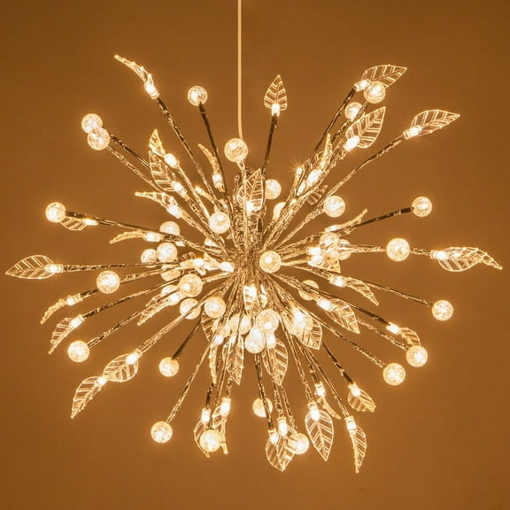 Wintergreen Lighting Starburst Lighted Branches, 15", Silver with Leaves, Mini Globes and 100 Warm White LED Lights, Shapeable, Plug-In