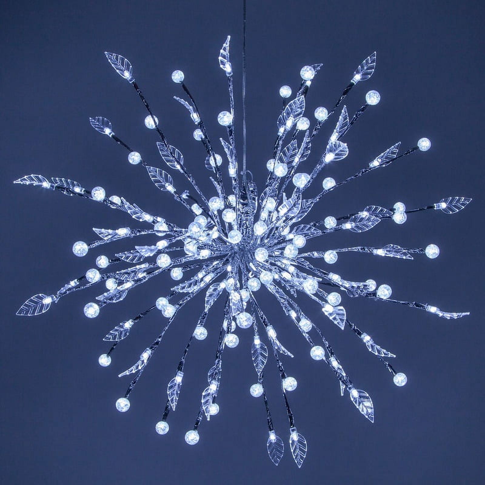 Wintergreen Lighting Starburst Lighted Branches Decoration, 24", Silver with Leaves, Mini Globes and 160 Cool White LED Lights, Shapeable, Plug-in