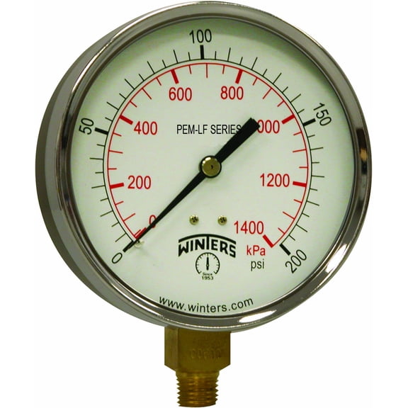 Winters 4 inch Dial Size, Economy Utility Pressure Gauge, Potable Brass Internals, Steel Case, Dual Scale 0-30 psi/kPa, 3-2-3% Accuracy, 1/4 inch NPT Bottom, Glass Lens, Drinking Water Gauge CA1