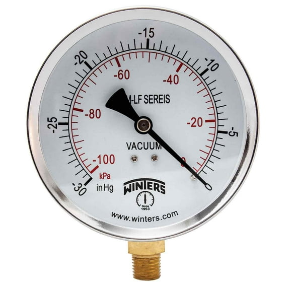 Winters 4 inch Dial Size, Economy Utility Pressure Gauge, Potable Brass Internals, Steel Case, Dual Scale 30 inch Hg-0 Vac/kPa, 3-2-3% Acc, 1/4 inch NPT Bottom, Drinking Water Vacuum Gauge CA1