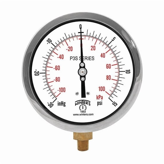 Industrial Compound Gauge, 30 to 0 to 15 psi, 4 1/2 in Dial, 1/4 in NPT, Bottom Location