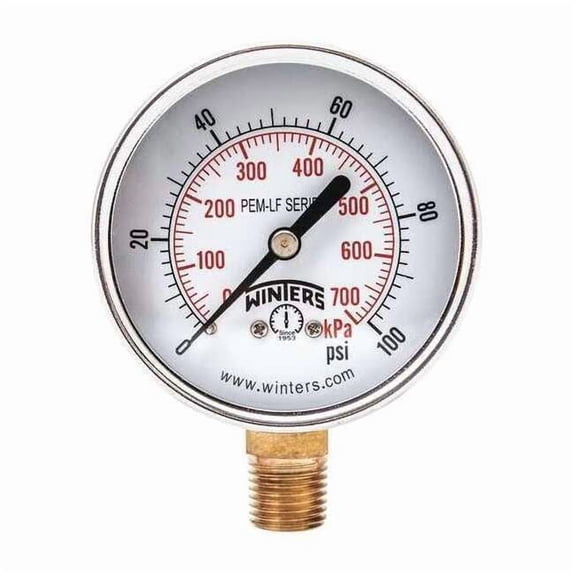 Lead-Free Pressure Gauge, 0 to 100 psi, 2 1/2 in Dial, 1/4 in NPT, Bottom Location PEM214LF