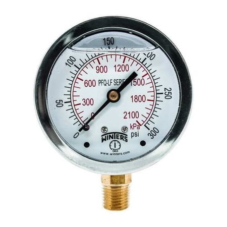 Lead-Free Pressure Gauge, 0 to 300 psi, 2 1/2 in Dial, 1/4 in NPT, Bottom Location PFQ807LF