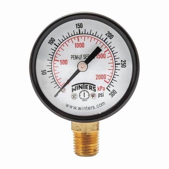 Lead-Free Pressure Gauge, 0 to 300 psi, 2 in Dial, 1/4 in NPT, Bottom Location, Steel Case Material