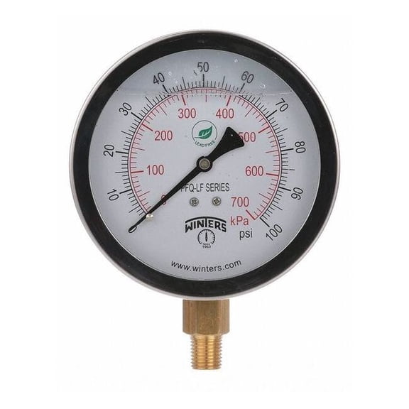 Lead-Free Pressure Gauge, 0 to 100 psi, 4 in Dial, 1/4 in NPT, Bottom Location