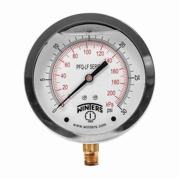 Lead-Free Pressure Gauge, 0 to 30 psi, 4 in Dial, 1/4 in NPT, Bottom Location PFQ709LF