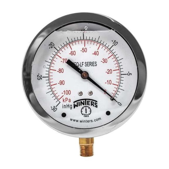 Lead-Free Vacuum Gauge, 30 to 0 psi, 4 in Dial, 1/4 in NPT, Bottom Location