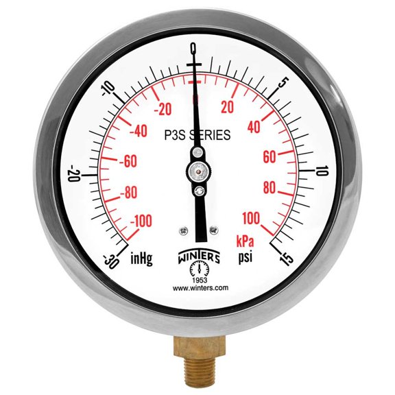 Winters P3S 300 Series Aluminum Dual Scale Pressure Gauge with Brass Internals, 30" Hg Vacuum-0-15 psi/kpa, 4-1/2" Dial Display, +/-0.5% Accuracy, 1/4" NPT Bottom Mount CA1