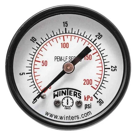 Winters Pem1402lf Pressure Gauge, 0 To 30 Psi, 2 In Dial, 1/8 In Npt Center
