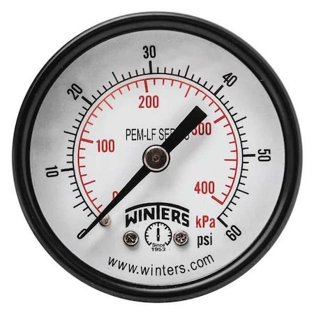 Winters Pem1405lf Lead-Free Pressure Gauge, 0 To 60 Psi, 2 In Dial, 1/4 In Npt,