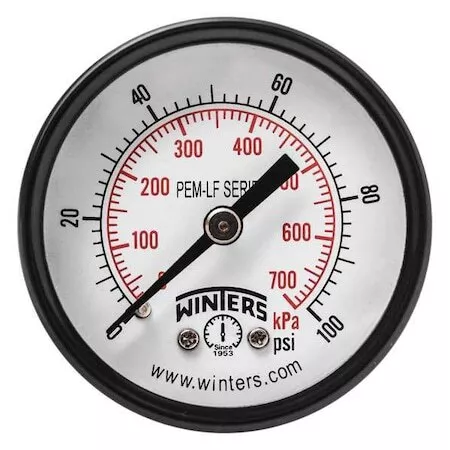 Winters Pem1406lf Pressure Gauge, 0 To 100 Psi, 2 In Dial, 1/8 In Npt Center